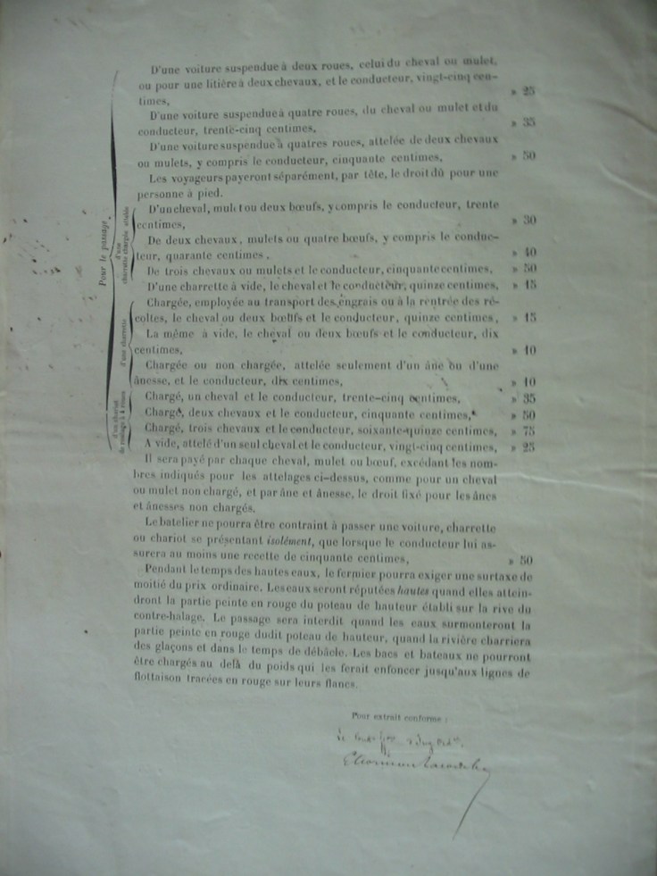 Quelques exemples de prix de la traversée : un cheval, mulet ou deux bœufs y compris le conducteur 30 centimes
